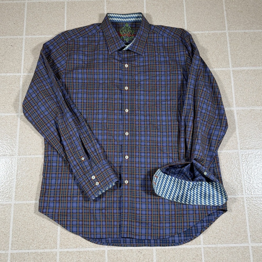 Robert Graham Shirt Men XL Blue Plaid Flip Cuff Classic Fit Button Up